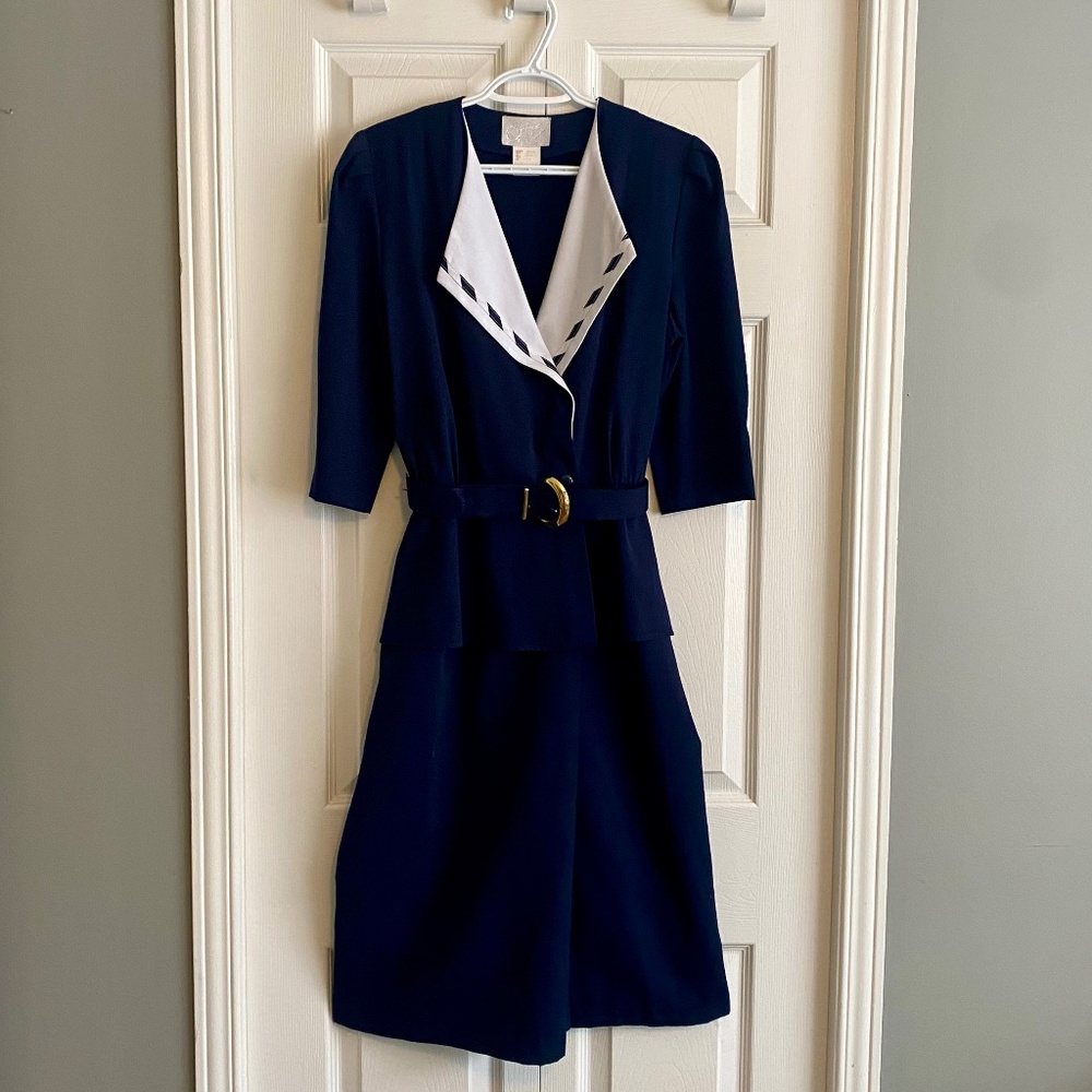 Vintage 80s Navy Blue and White Peplum Dress